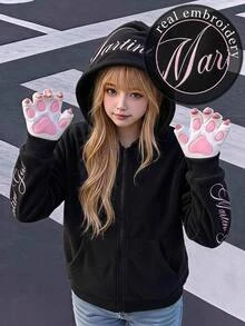 SHEIN 青少年女孩秋冬日常街頭風精緻英文字母標語刺繡連帽拉鍊寬鬆抓絨外套，黑色 Y2K 粉色 - 黑色 - 查看 8