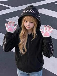 SHEIN 青少年女孩秋冬日常街頭風精緻英文字母標語刺繡連帽拉鍊寬鬆抓絨外套，黑色 Y2K 粉色 - 黑色 - 查看 7
