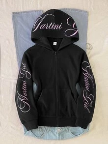 SHEIN 青少年女孩秋冬日常街頭風精緻英文字母標語刺繡連帽拉鍊寬鬆抓絨外套，黑色 Y2K 粉色 - 黑色 - 查看 3