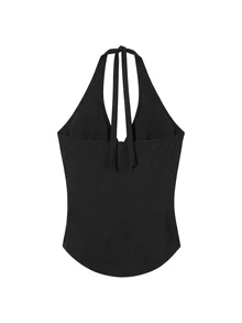 Nöista Black Embroidered Halter Top With Flattering V-Neckline And Intricate Contrast Detailing, Fall Winter, Halloween, Christmas, Chic Style. - Black - View 8
