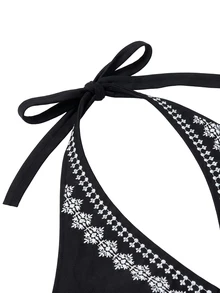 Nöista Black Embroidered Halter Top With Flattering V-Neckline And Intricate Contrast Detailing, Fall Winter, Halloween, Christmas, Chic Style. - Black - View 9
