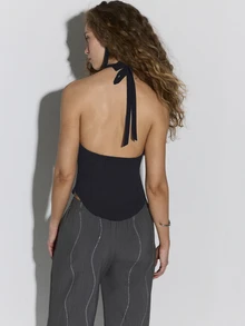 Nöista Black Embroidered Halter Top With Flattering V-Neckline And Intricate Contrast Detailing, Fall Winter, Halloween, Christmas, Chic Style. - Black - View 4