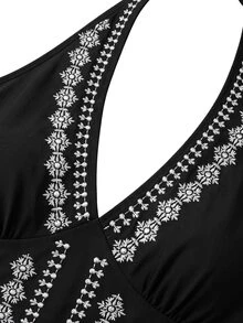 Nöista Black Embroidered Halter Top With Flattering V-Neckline And Intricate Contrast Detailing, Fall Winter, Halloween, Christmas, Chic Style. - Black - View 10
