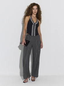 Nöista Black Embroidered Halter Top With Flattering V-Neckline And Intricate Contrast Detailing, Fall Winter, Halloween, Christmas, Chic Style. - Black - View 1