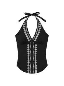 Nöista Black Embroidered Halter Top With Flattering V-Neckline And Intricate Contrast Detailing, Fall Winter, Halloween, Christmas, Chic Style. - Black - View 7
