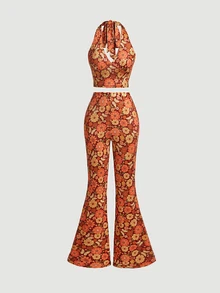 SHEIN MOD Women's Brown Floral Summer Boho Music Festival Two Piece Set,Retro Backless Halter Crop Top & Flare Leg Bell Bottom Pants,Elastic Waist Party Outfit - Multicolor - View 1