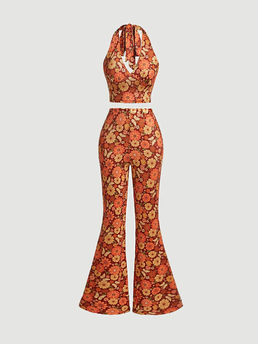 SHEIN MOD Women's Brown Floral Summer Boho Music Festival Two Piece Set,Retro Backless Halter Crop Top & Flare Leg Bell Bottom Pants,Elastic Waist Party Outfit - Multicolor - View 1