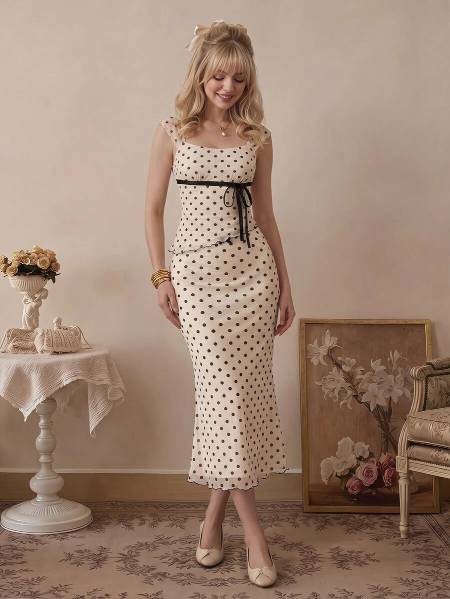 SHEIN X YERIMUA SHEIN MOD Polka Dot Bow 2 Pieces Set: Asymmetrical Hem Multicolor Top & Low Waist Mermaid Skirt - Multicolor - View 1