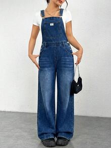 SHEIN EZwear 女款藍色拼接口袋休閒街頭風牛仔吊帶連身褲，適合秋季旅行、外出、上學、週末、日常與野餐 - 中等水洗藍 - 查看 4