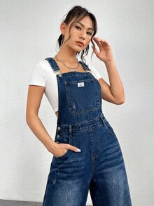 SHEIN EZwear 女款藍色拼接口袋休閒街頭風牛仔吊帶連身褲，適合秋季旅行、外出、上學、週末、日常與野餐 - 中等水洗藍 - 查看 6