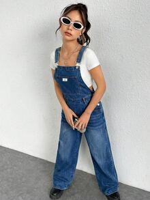 SHEIN EZwear 女款藍色拼接口袋休閒街頭風牛仔吊帶連身褲，適合秋季旅行、外出、上學、週末、日常與野餐 - 中等水洗藍 - 查看 3