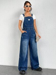 SHEIN EZwear 女款藍色拼接口袋休閒街頭風牛仔吊帶連身褲，適合秋季旅行、外出、上學、週末、日常與野餐 - 中等水洗藍 - 查看 5