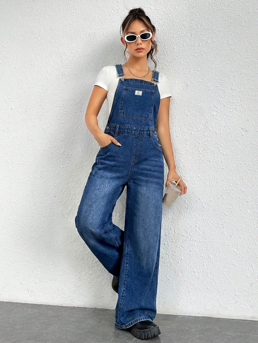 SHEIN EZwear 女款藍色拼接口袋休閒街頭風牛仔吊帶連身褲,適合秋季旅行、外出、上學、週末、日常與野餐 - 中等水洗藍 - 查看 1