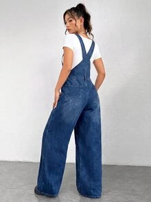 SHEIN EZwear 女款藍色拼接口袋休閒街頭風牛仔吊帶連身褲，適合秋季旅行、外出、上學、週末、日常與野餐 - 中等水洗藍 - 查看 2