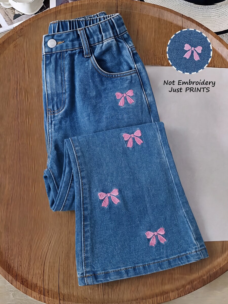 Girls New Bowknot Faux Embroidery Digital Print Design Y2K Retro Blue Washed Flared Jeans Slim Fit Stretch Elastic Waist All Season Casual Fashion Minimalist Versatile Children's Wide Leg Denim Pants - Medium Wash - View 1