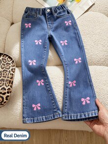 Girls New Bowknot Faux Embroidery Digital Print Design Y2K Retro Blue Washed Flared Jeans Slim Fit Stretch Elastic Waist All Season Casual Fashion Minimalist Versatile Children's Wide Leg Denim Pants - Medium Wash - View 3
