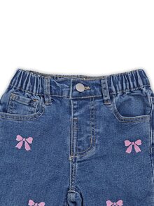 Girls New Bowknot Faux Embroidery Digital Print Design Y2K Retro Blue Washed Flared Jeans Slim Fit Stretch Elastic Waist All Season Casual Fashion Minimalist Versatile Children's Wide Leg Denim Pants - Medium Wash - View 6