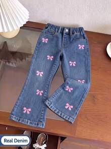Girls New Bowknot Faux Embroidery Digital Print Design Y2K Retro Blue Washed Flared Jeans Slim Fit Stretch Elastic Waist All Season Casual Fashion Minimalist Versatile Children's Wide Leg Denim Pants - Medium Wash - View 4