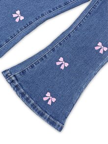 Girls New Bowknot Faux Embroidery Digital Print Design Y2K Retro Blue Washed Flared Jeans Slim Fit Stretch Elastic Waist All Season Casual Fashion Minimalist Versatile Children's Wide Leg Denim Pants - Medium Wash - View 5