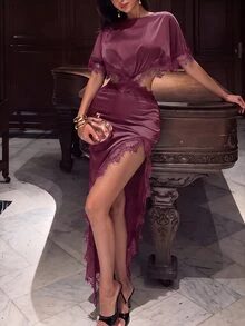 SHEIN SXY 女款絲綢蕾絲拼接不對稱性感優雅鏤空約會雞尾酒晚宴外出洋裝，黑色，夏季，萬聖節 - 淺灰紫 - 查看 3