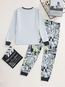 SHEIN 大童男孩休閒日常舒適恐龍圖案圓領套頭睡衣上衣與長褲針織家居服套裝，秋季穿著，聖誕貼身款 - 灰色 - 查看 3
