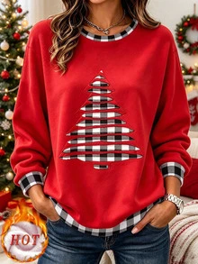 EMERY ROSE Plus Size Women's Christmas Plaid Christmas Tree Crew Neck Long Sleeve Sweatshirt, Christmas Holiday Vibe Sweatshirt Winter - Multicolor - View 1