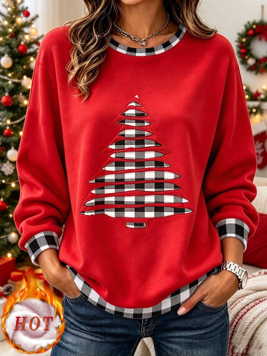 EMERY ROSE Plus Size Women's Christmas Plaid Christmas Tree Crew Neck Long Sleeve Sweatshirt, Christmas Holiday Vibe Sweatshirt Winter - Multicolor - View 1