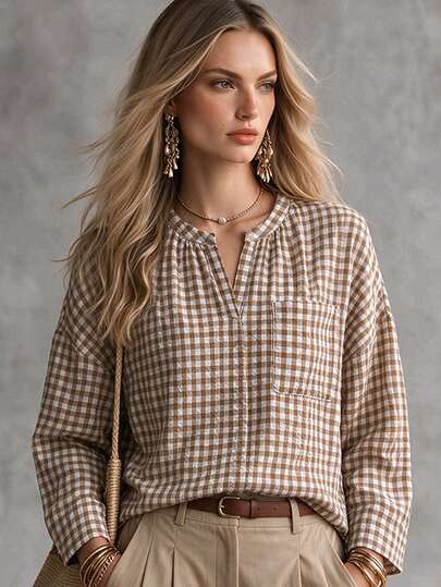SHEIN Blouse décontractée pour femme en texture lin à carreaux classiques, col V, manches longues, épaules tombantes, coupe ample et confortable, idéale pour les sorties, la vie quotidienne, les rassemblements, l'extérieur, les trajets, la rue et la maison, printemps été automne