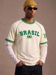 Aesthetic Post 復西隊足球T恤，美國 BRASIL 10 印花，男士圖案T恤，圖案T恤，男士時尚運動上衣，足球/足球用品，足球 - 彩色 - 查看 1