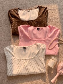 Comfortcana 女款棉質方領長袖上衣 3 件組 休閒日常校園穿搭 灰粉色、白色波點、棕色波點 秋季 - 彩色 - 查看 5
