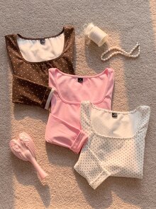 Comfortcana 女款棉質方領長袖上衣 3 件組 休閒日常校園穿搭 灰粉色、白色波點、棕色波點 秋季 - 彩色 - 查看 7