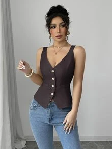 Elenzga 女款素色單排扣休閒細肩帶背心 - 棕色 - 查看 4