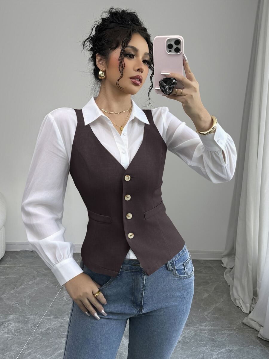 Elenzga 女款素色單排扣休閒細肩帶背心 - 棕色 - 查看 1