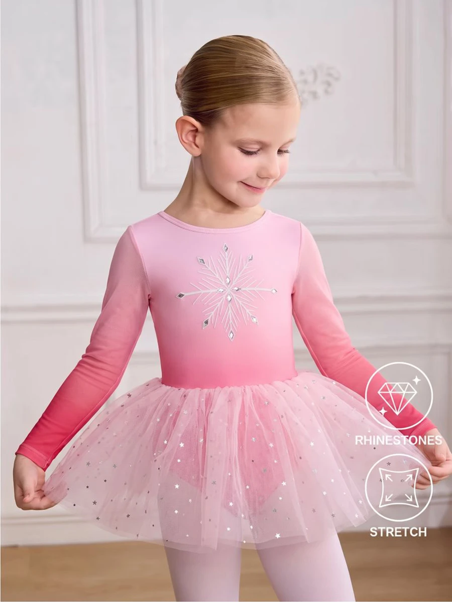SHEIN Young Girls Printed Rhinestone Leotard, School Campus Competition Ballet Tulle Dress, Cute Sequin Dance Jumpsuit, Fall Winter, Autumn, Gymnastics - Pink - View 1