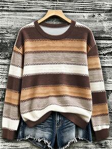 SHEIN Áo nỉ nữ mùa thu/đông phong cách thường ngày, thiết kế họa tiết sọc phối màu vintage, phom dáng linh hoạt phù hợp mặc hàng ngày - Nhiều màu - Xem 4