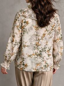 Ceyna Vintage Romantic Elegant Ditsy Floral Shirred Blouse With Layered Frill Trim, Long Sleeves With Ruched Cuffs, Loose Plus Size Fit Beige Fall - Multicolor - View 2