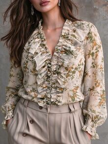 Ceyna Vintage Romantic Elegant Ditsy Floral Shirred Blouse With Layered Frill Trim, Long Sleeves With Ruched Cuffs, Loose Plus Size Fit Beige Fall - Multicolor - View 4