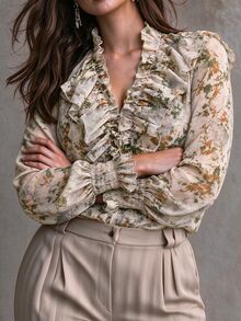 Ceyna Vintage Romantic Elegant Ditsy Floral Shirred Blouse With Layered Frill Trim, Long Sleeves With Ruched Cuffs, Loose Plus Size Fit Beige Fall - Multicolor - View 3