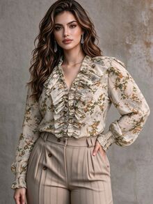Ceyna Vintage Romantic Elegant Ditsy Floral Shirred Blouse With Layered Frill Trim, Long Sleeves With Ruched Cuffs, Loose Plus Size Fit Beige Fall - Multicolor - View 1