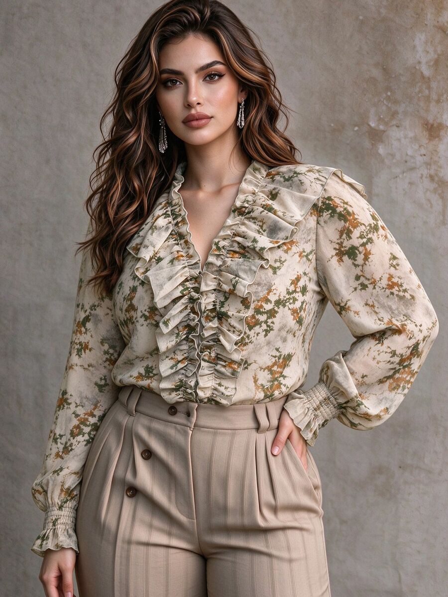 Ceyna Vintage Romantic Elegant Ditsy Floral Shirred Blouse With Layered Frill Trim, Long Sleeves With Ruched Cuffs, Loose Plus Size Fit Beige Fall - Multicolor - View 1