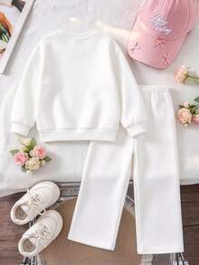 Young Girl Floral Print Pullover Sweatshirt & Wide Leg Pants Outfit Set For Outing Wear Christmas Halloween Casual Clothes - White - View 2