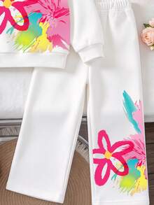 Young Girl Floral Print Pullover Sweatshirt & Wide Leg Pants Outfit Set For Outing Wear Christmas Halloween Casual Clothes - White - View 5