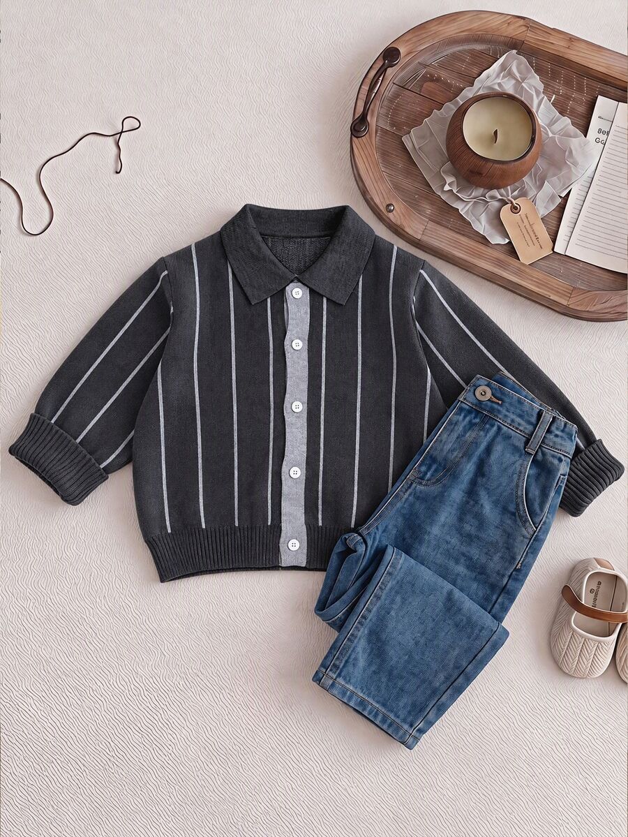 SHEIN Boys' Colorblock Striped Knit Cardigan, Lapel Design, Single-Breasted Easy On/Off. Soft Skin-Friendly Knit Fabric, Loose Fit, Versatile For Daily Wear, Spring/Autumn Outerwear, Minimalist Retro. - Grey - View 1