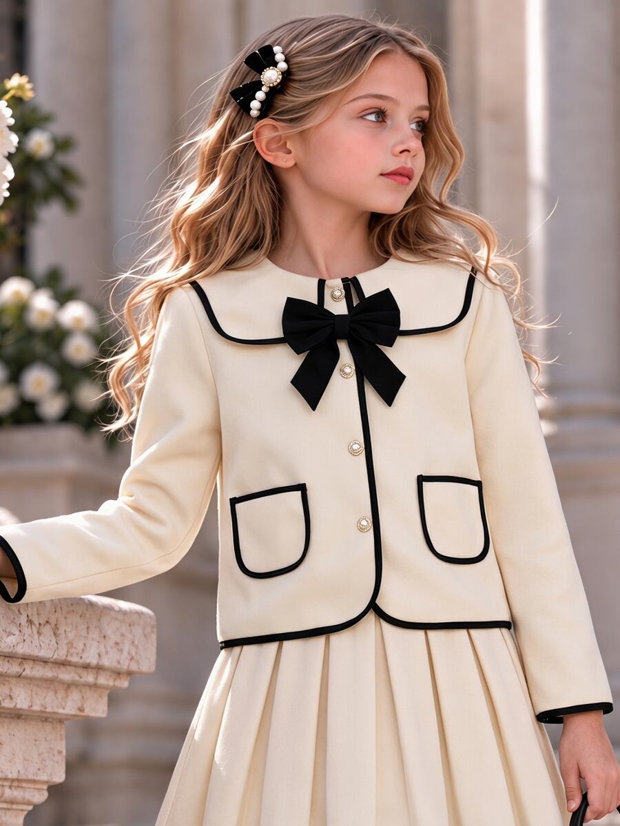 Tween Girl Fashion Drawstring Decor With 3D Bow And Pearl Button Daily Style Tweed Jacket - Apricot - View 1