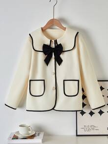 Tween Girl Fashion Drawstring Decor With 3D Bow And Pearl Button Daily Style Tweed Jacket - Apricot - View 2