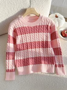 SHEIN Tween Girls Striped Colorblock Cable Knit Round Neck Long Sleeve Pullover Sweater, Casual Minimalist Comfortable Versatile Elegant Autumn/Winter Style - Pink - View 8