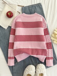 SHEIN Tween Girls Striped Colorblock Cable Knit Round Neck Long Sleeve Pullover Sweater, Casual Minimalist Comfortable Versatile Elegant Autumn/Winter Style - Pink - View 2