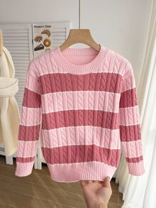 SHEIN Tween Girls Striped Colorblock Cable Knit Round Neck Long Sleeve Pullover Sweater, Casual Minimalist Comfortable Versatile Elegant Autumn/Winter Style - Pink - View 7