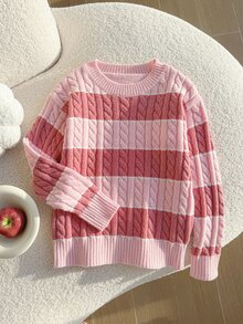SHEIN Tween Girls Striped Colorblock Cable Knit Round Neck Long Sleeve Pullover Sweater, Casual Minimalist Comfortable Versatile Elegant Autumn/Winter Style - Pink - View 6