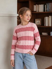 SHEIN Tween Girls Striped Colorblock Cable Knit Round Neck Long Sleeve Pullover Sweater, Casual Minimalist Comfortable Versatile Elegant Autumn/Winter Style - Pink - View 1